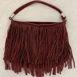 Prune suede fringe purse. Maroon.